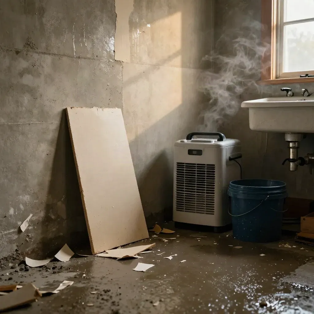 Basement flood cleanup with drying drywall, dehumidifier, paint chips, and a utility bucket.