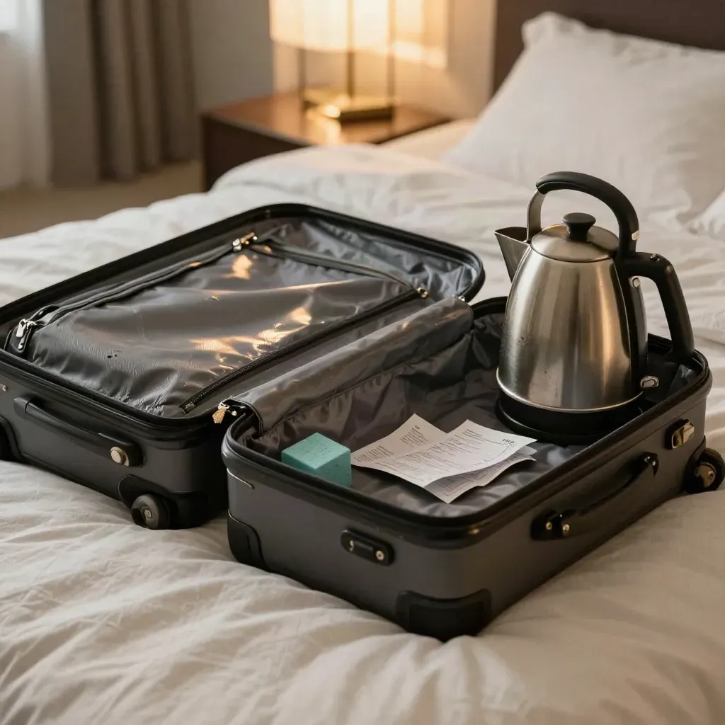 Half-open suitcase, face-down receipts, blank luggage tag, and a hotel kettle on a bedspread