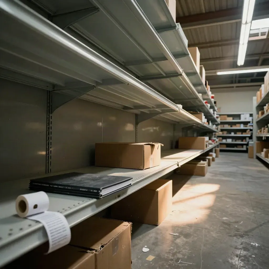 Empty retail aisle with shelves, boxes, ledger, and receipt roll in dramatic light.