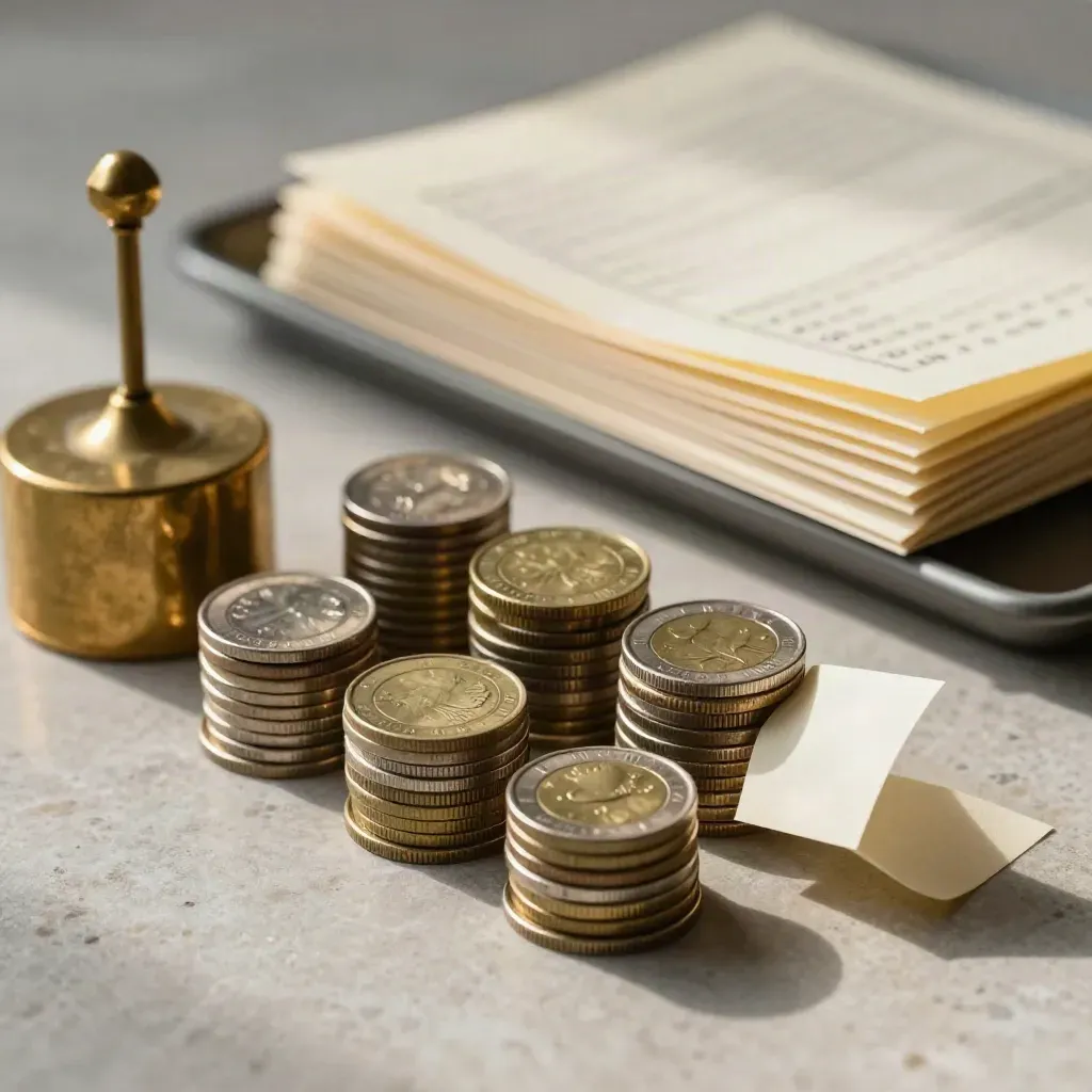 Brass weights, coin stacks, and expense slips settling on limestone.
