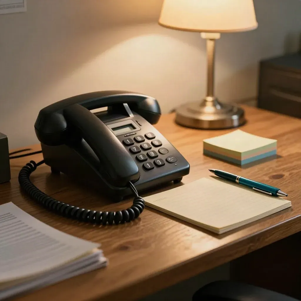 Corded office phone beside memo pad, pen, and turned sticky notes on a warm desk edge.